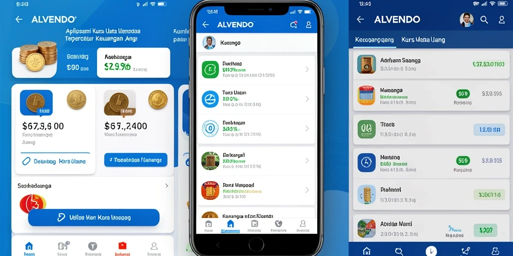 Antarmuka aplikasi ALVENDO memperlihatkan fungsi Kurs Mata Uang yang mudah diakses.