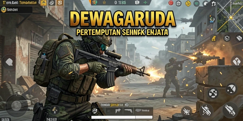 Screenshot utama DEWAGARUDA menampilkan aksi pertempuran tembak senjata yang intens.