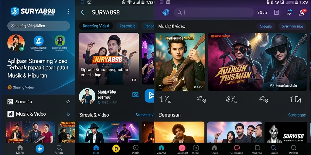 Antarmuka SURYA898 dengan berbagai pilihan video dan musik.