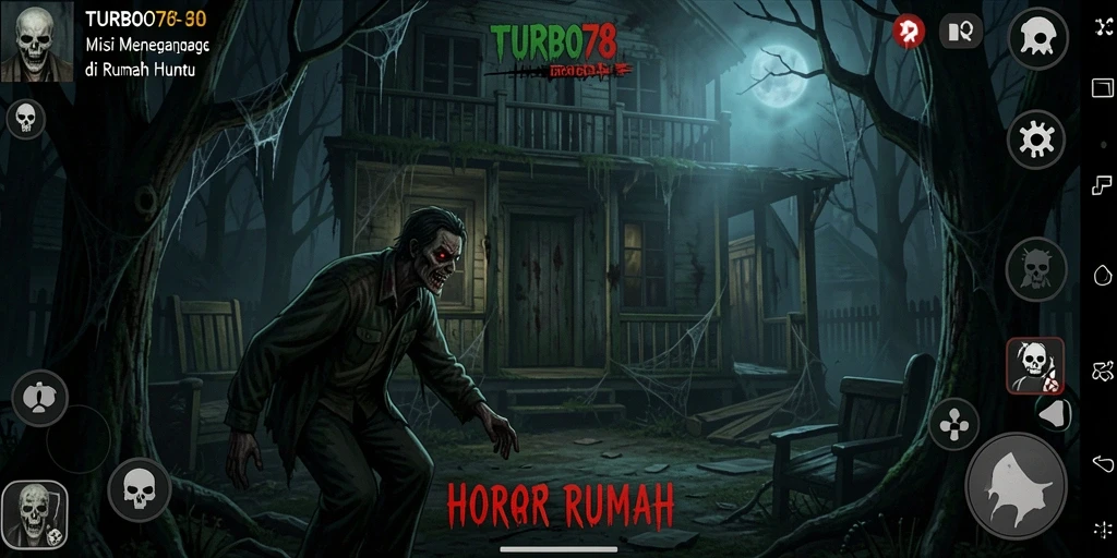 Tampilan menegangkan dari permainan horor TURBO78 dengan suasana rumah hantu.